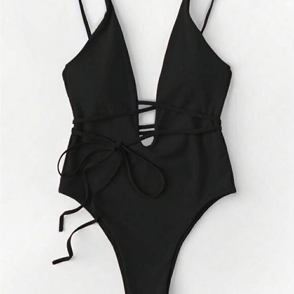 Plunge higg waisted black swim/bathing suit & neon pom pom fringe boho coverup - Picture 4 of 11